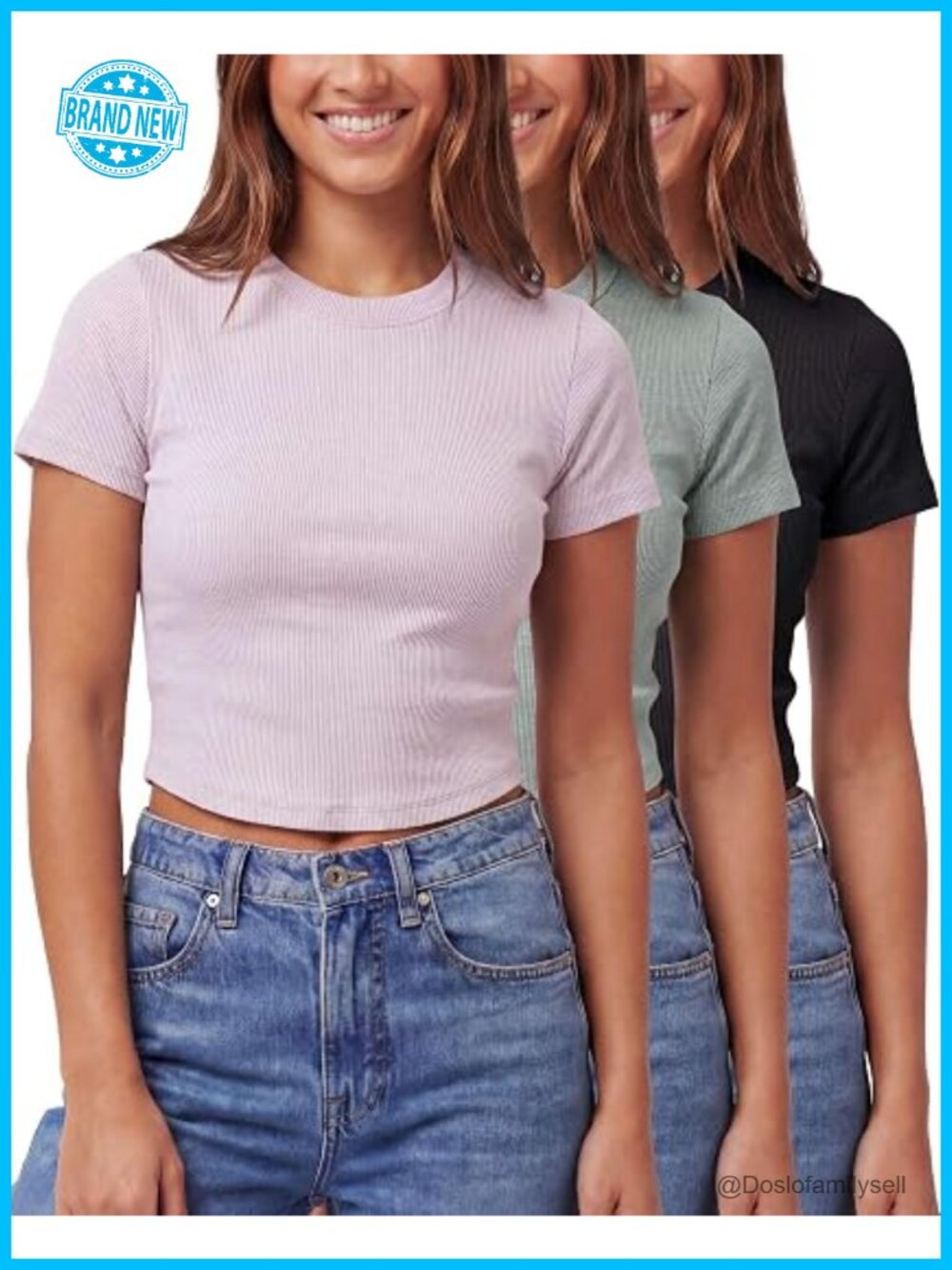 3 Pack Cropped Cap Sleeve Ribbed Cotton T-Shirts Crew Neck Tees